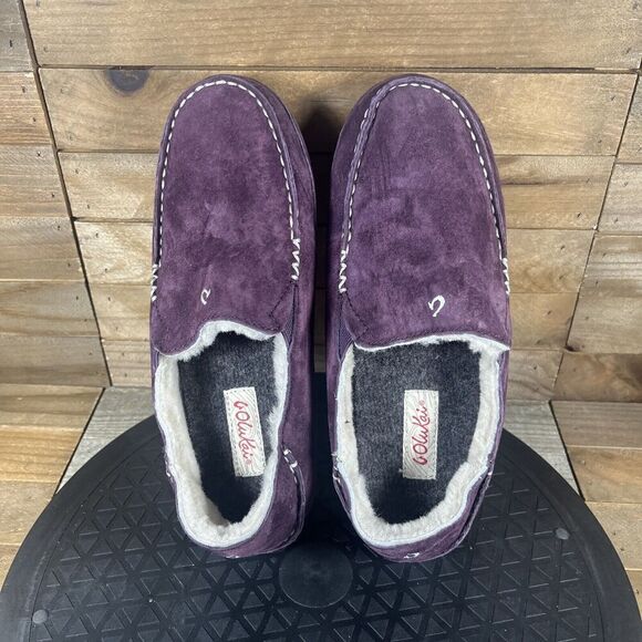 Olukai Nohea Slippers Womens Sz 5 Mystic Berry Red Nubuck Leather Fur Shearling - Picture 5 of 10